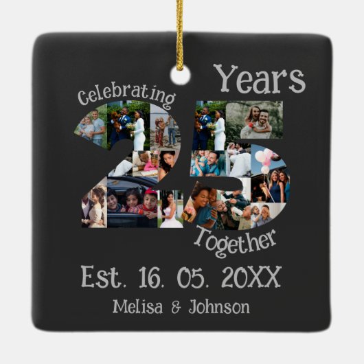 Aangepaste foto-collage voor 25e trouwdag keramisch ornament (Achterkant)