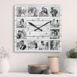 Aangepaste foto Collage White Elegant Wood Family Vierkante Klok<br><div class="desc">Pas deze witte,  houten plank elegante wandklok eenvoudig aan met uw aangepaste foto's. De sjabloon gebruikt een zwarte en witte fotofilter om een meer gecoördineerde blik te creëer. Voor beste resultaten,  bewaar de afbeeldingen aan vierkant - met het nadrukpunt in het centrum - alvorens te uploaden.</div>