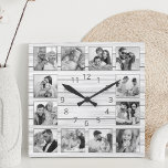 Aangepaste foto Collage White Elegant Wood Family Vierkante Klok<br><div class="desc">Pas deze witte,  houten plank elegante wandklok eenvoudig aan met uw aangepaste foto's. De sjabloon gebruikt een zwarte en witte fotofilter om een meer gecoördineerde blik te creëer. Voor beste resultaten,  bewaar de afbeeldingen aan vierkant - met het nadrukpunt in het centrum - alvorens te uploaden.</div>