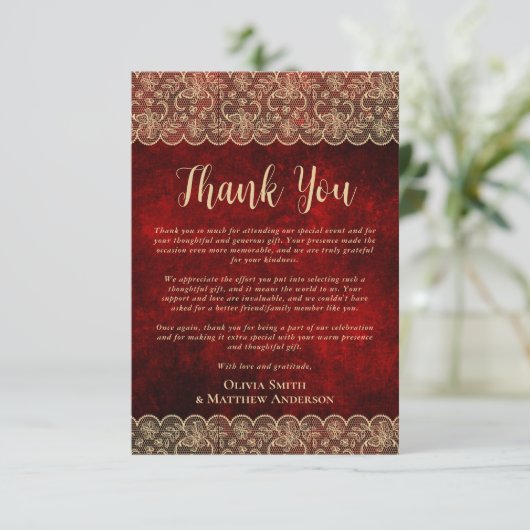 Aangepaste foto dank u rood goud rustieke kant bedankkaart (Staand voorkant)