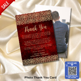 Aangepaste foto dank u rood goud rustieke kant bedankkaart