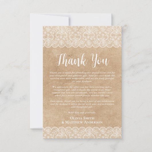 Aangepaste foto dank u rustieke witte kant bedankkaart (Voorkant)