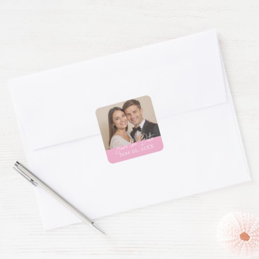 Aangepaste foto De datum opslaan Modern Script Vierkante Sticker (Envelop)