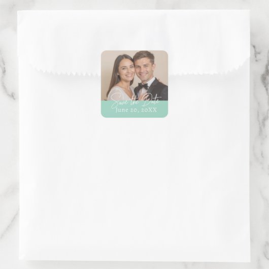 Aangepaste foto De datum opslaan Modern Script Vierkante Sticker (Tas)