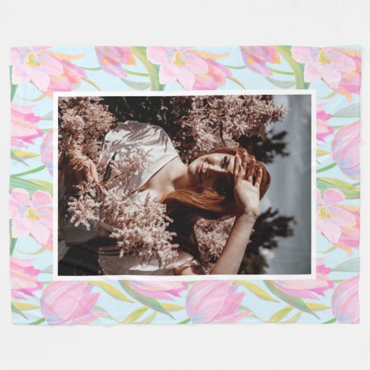 Aangepaste foto delicate Waterverf roze tulp Fleece Deken (Voorkant (Horizontaal))