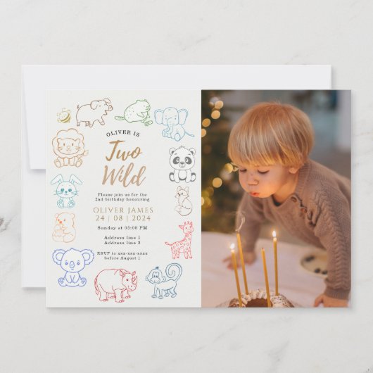 Aangepaste foto Doodle Party Animals 2e verjaardag Kaart (Voorkant)
