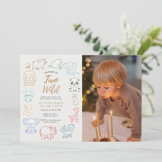 Aangepaste foto Doodle Party Animals 2e verjaardag Kaart (Staand voorkant)