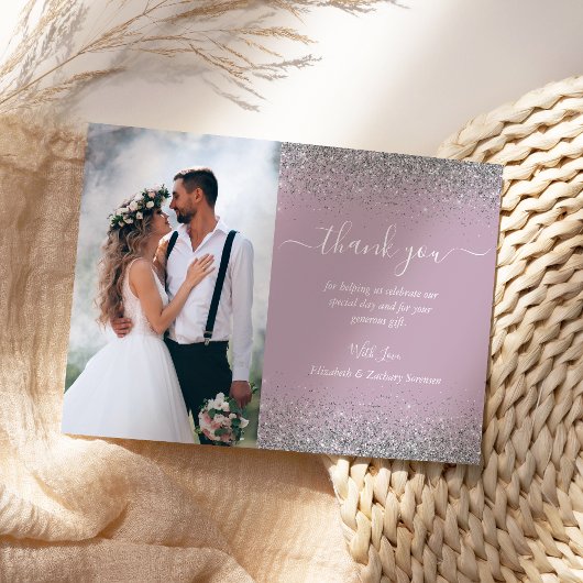 Aangepaste foto Dusty Lila Silver Glitter Wedding Bedankkaart