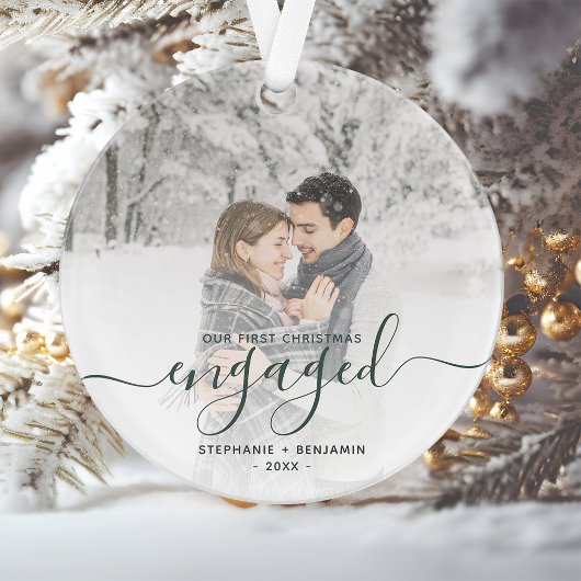 Aangepaste foto Eerste kerst verloofd Groen Schrif Ornament