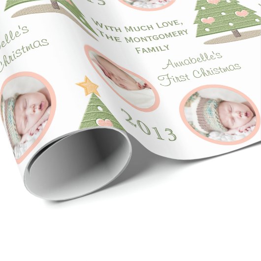 Aangepaste foto eerste kerstboom Roze hart Cadeaupapier (Rol Hoek)