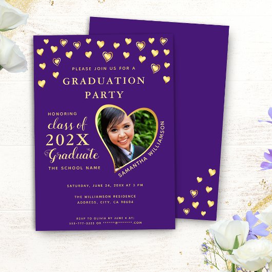 Aangepaste foto Elegant Paarse en gouden Afstudere Kaart