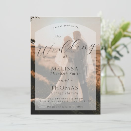 Aangepaste foto Elegant Script bruiloft uitnodigin Kaart (Staand voorkant)