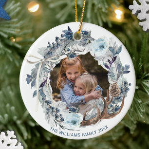 Aangepaste foto, elegante blauwe witte kerstkrans keramisch ornament