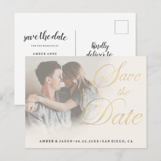 Aangepaste Foto elegante gouden fade Save the Date Aankondigingskaart (Voorkant / Achterkant)