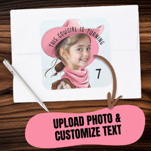 Aangepaste foto elke leeftijd Roze Cowgirl Thema V Vierkante Sticker