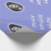 Aangepaste foto en begroeting op blauw cadeaupapier (Hoek)
