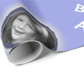 Aangepaste foto en begroeting op blauw cadeaupapier (Rol Hoek)