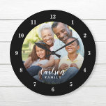 Aangepaste foto en familienaam op maat grote klok<br><div class="desc">Creëer een speciale, ronde of vierkante wandklok die voorzien is van je foto- en familienaam monogram. Het ontwerp kenmerkt eenvoudige moderne zwarte en witte doopvonten, of gebruik de ontwerphulpmiddelen om het even welke doopvonten en kleuren te kiezen om uw eigen stijl van het huisdecor aan te passen. Een aangepaste klok...</div>