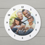 Aangepaste foto en familienaam op maat grote klok<br><div class="desc">Creëer een speciale, ronde of vierkante wandklok die voorzien is van je foto- en familienaam monogram. Het ontwerp kenmerkt eenvoudige moderne zwarte en witte doopvonten, of gebruik de ontwerphulpmiddelen om het even welke doopvonten en kleuren te kiezen om uw eigen stijl van het huisdecor aan te passen. Een aangepaste klok...</div>