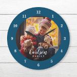 Aangepaste foto en familienaam op maat grote klok<br><div class="desc">Creëer een speciale, ronde of vierkante wandklok die voorzien is van je foto- en familienaam monogram. Het ontwerp kenmerkt eenvoudige moderne blauw en witte kleuren van de marine, of gebruik de ontwerphulpmiddelen om het even welke doopvonten en kleuren te kiezen om uw eigen stijl van het huisdecor aan te passen....</div>