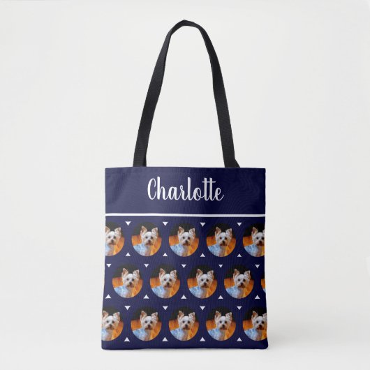 Aangepaste foto en monogram naam Navy Blue Tote Bag (Voorkant)