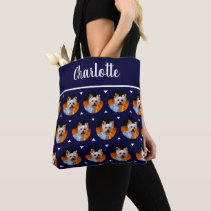 Aangepaste foto en monogram naam Navy Blue Tote Bag