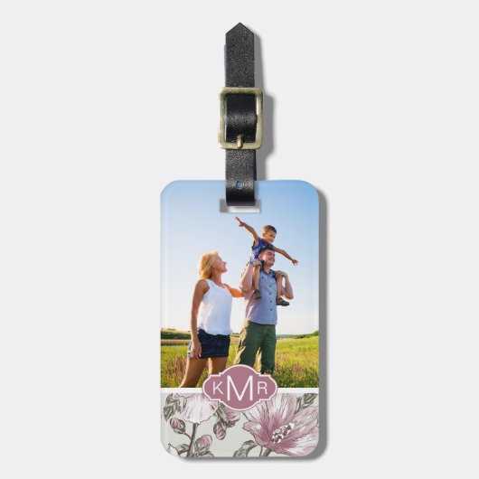 Aangepaste foto en monogram roze hibiscusbloemen bagagelabel (Voorkant verticaal)