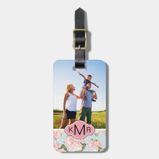 Aangepaste foto- en monogram-rozen met blauwe poka bagagelabel (Voorkant verticaal)