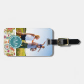 Aangepaste foto en monogramkleur bloem en uil bagagelabel (Voorkant horizontaal)