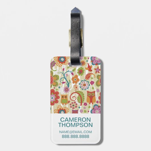 Aangepaste foto en monogramkleur bloem en uil bagagelabel (Achterkant verticaal)