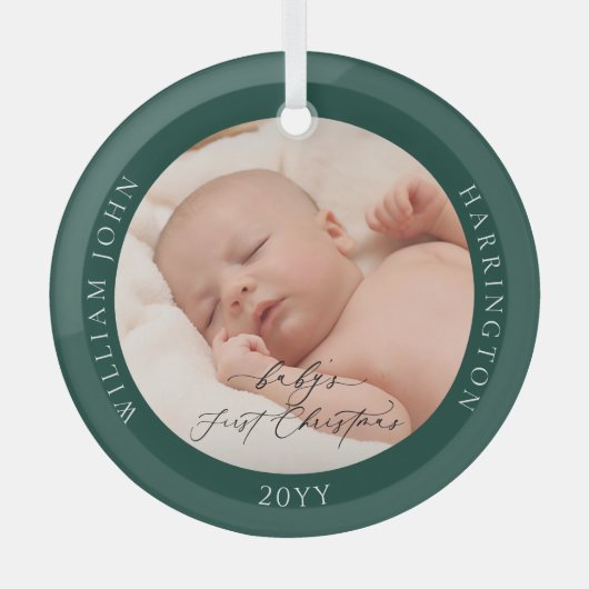 Aangepaste foto en naam Baby's eerste groene kerst Glas Ornament (Voorkant)
