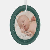 Aangepaste foto en naam Baby's eerste groene kerst Glas Ornament (Voorkant Rechts)