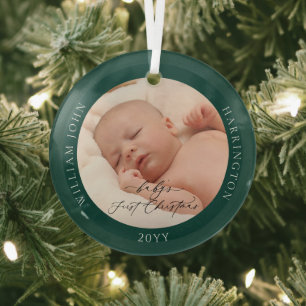Aangepaste foto en naam Baby's eerste groene kerst Glas Ornament