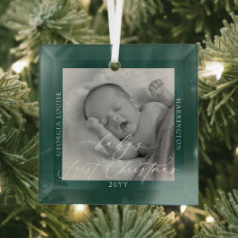 Aangepaste foto en naam Baby's eerste groene kerst Glas Ornament