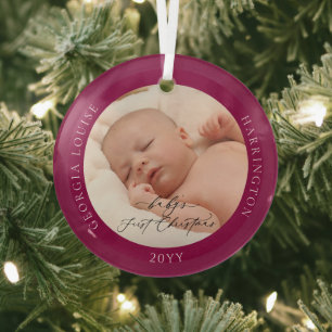 Aangepaste foto en naam Baby's eerste kerst robijn Glas Ornament