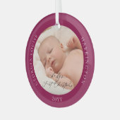 Aangepaste foto en naam Baby's eerste kerst robijn Glas Ornament (Voorkant links)