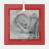 Aangepaste foto en naam Baby's eerste kerst rood Glas Ornament (Voorkant)