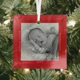 Aangepaste foto en naam Baby's eerste kerst rood Glas Ornament