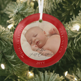 Aangepaste foto en naam Baby's eerste kerst rood Glas Ornament