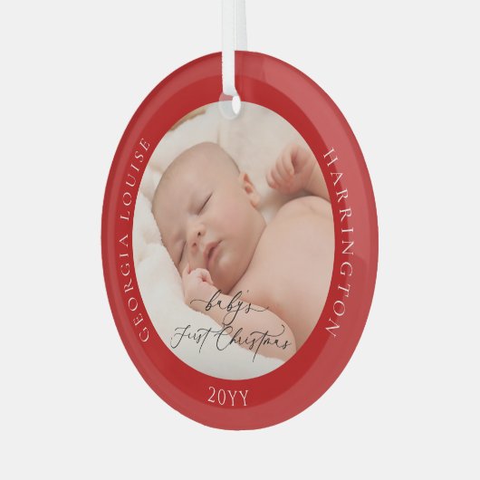 Aangepaste foto en naam Baby's eerste kerst rood Glas Ornament (Voorkant links)