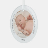 Aangepaste foto en naam Baby's eerste Kerstmis Glas Ornament (Voorkant links)