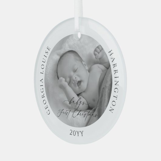 Aangepaste foto en naam Baby's eerste Kerstmis Glas Ornament (Voorkant links)