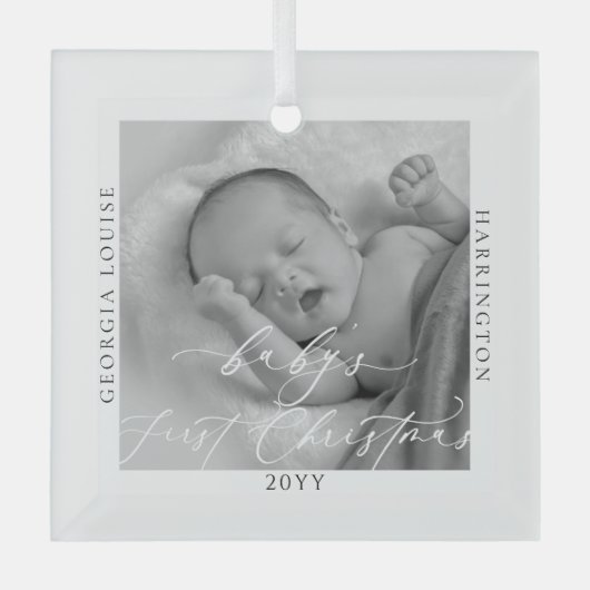 Aangepaste foto en naam Baby's eerste Kerstmis Glas Ornament (Voorkant)