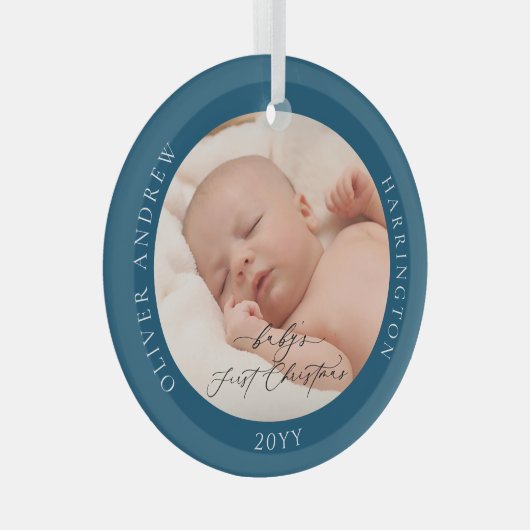 Aangepaste foto en naam Baby's First Christmas Blu Glas Ornament (Voorkant Rechts)