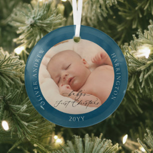 Aangepaste foto en naam Baby's First Christmas Blu Glas Ornament