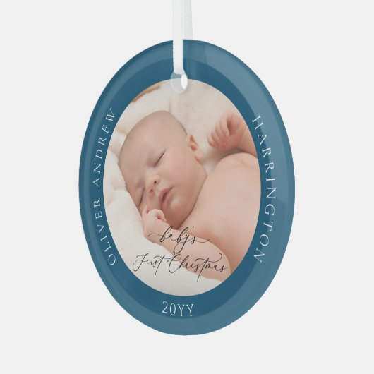 Aangepaste foto en naam Baby's First Christmas Blu Glas Ornament (Voorkant links)