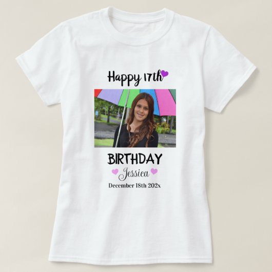 Aangepaste foto en naam Happy 17th Birthday Womens T-shirt (Design voorkant)