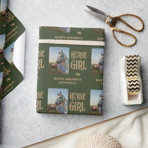 Aangepaste foto en naam Horse Girl Wrapping Paper Cadeaupapier
