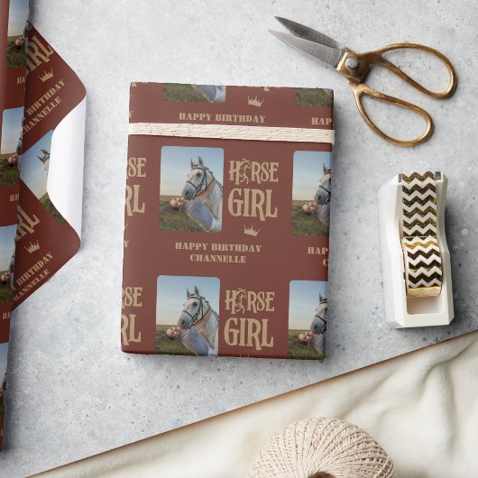 Aangepaste foto en naam Horse Girl Wrapping Paper Cadeaupapier