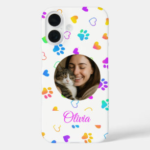 Aangepaste Foto en Naam Kleurrijke Paw Prints iPhone 16 Hoesje